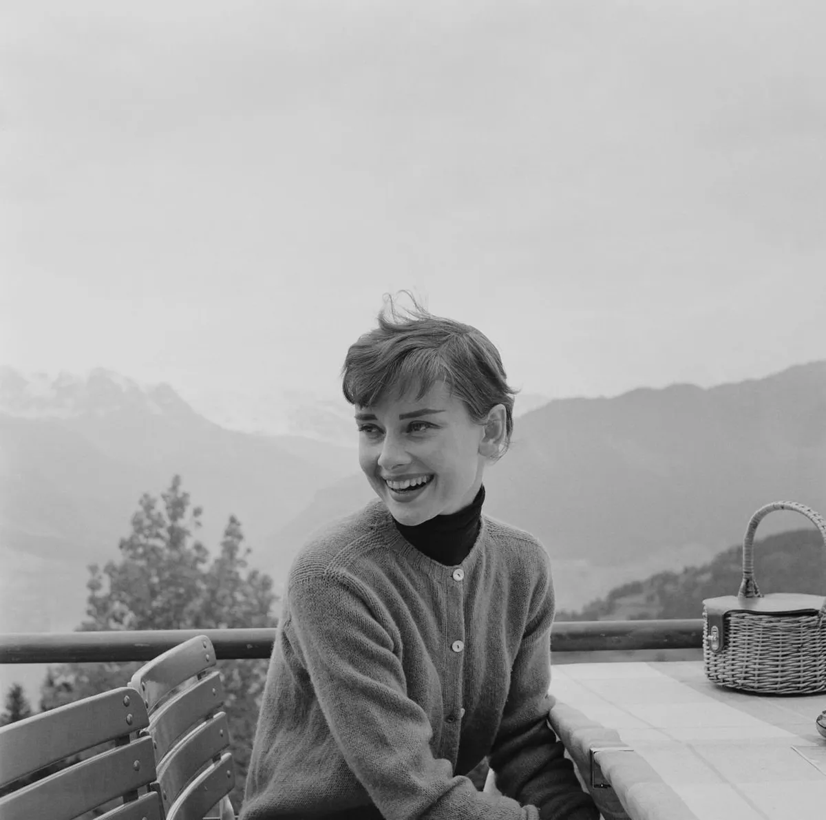 Belgian-born actress Audrey Hepburn (1929 - 1993) on the terrace of the Restaurant Hammetschwand at the summit of the Bürgenstock on January 01, 1955 | Photo: Getty Images