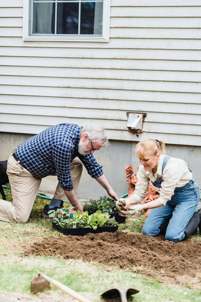 Una pareja de rodillas trabajando en un jardín. | Foto: Pexels