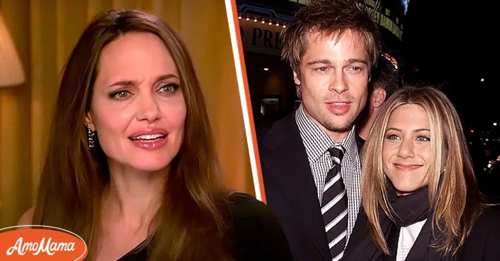 Angelina Jolie lors d'une interview avec ExtraTV postée sur YouTube le 1er octobre 2019 [à gauche]. Brad Pitt et Jennifer Aniston à Los Angeles, Californie, le 5 décembre 2001 [à droite] | Photo : YouTube/ExtraTV - Getty Images