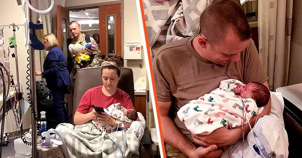 Cydney Cooper con su bebé en el hospital [izquierda]; El sargento de personal Skyler Cooper acunando a su bebé [Derecha]. | Foto: Youtube.com/GMA - Facebook/cydney.fruits