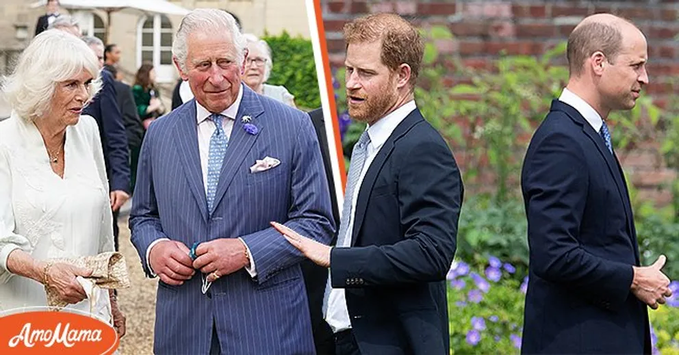 Le Prince Charles et Camilla Parker Bowles le 14 juillet 2021 à Londres, Angleterre [à gauche]. Les princes Harry et William au palais de Kensington, à Londres, le 1er juillet 2021 [à droite] | Photo : Getty Images
