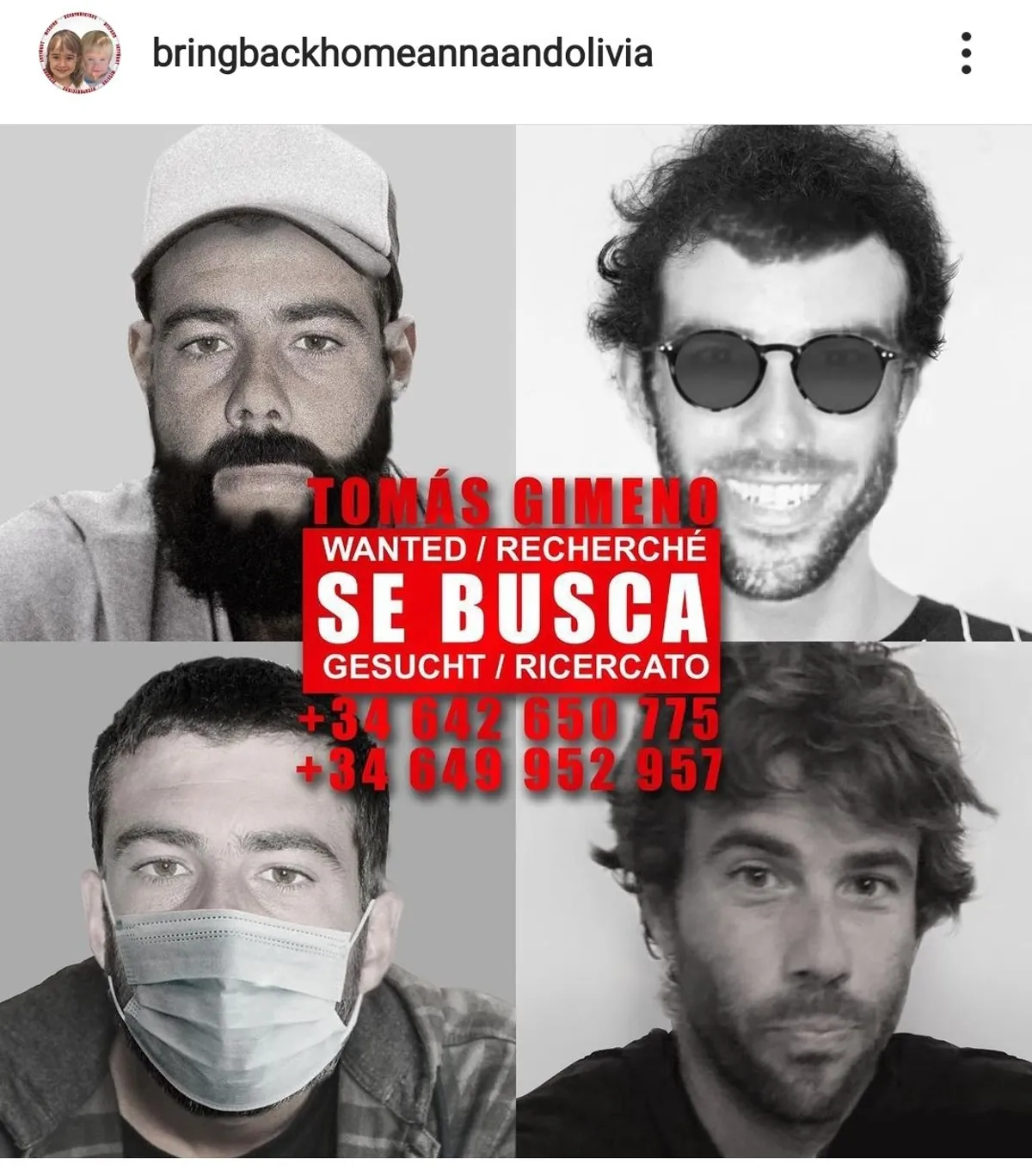Imagen de Tomás Gimeno. | Foto: Captura de pantalla de Instagram/bringbackhomeannaandolivia