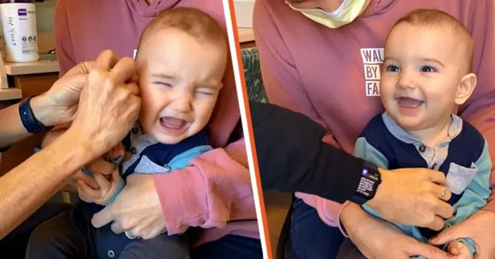 [Gauche] Le bébé pleure lorsque son appareil auditif est activé. [A droite] Le bébé est "tout sourire" après avoir entendu la voix de ses parents pour la première fois. | Source : tiktok.com/haleymariamiller
