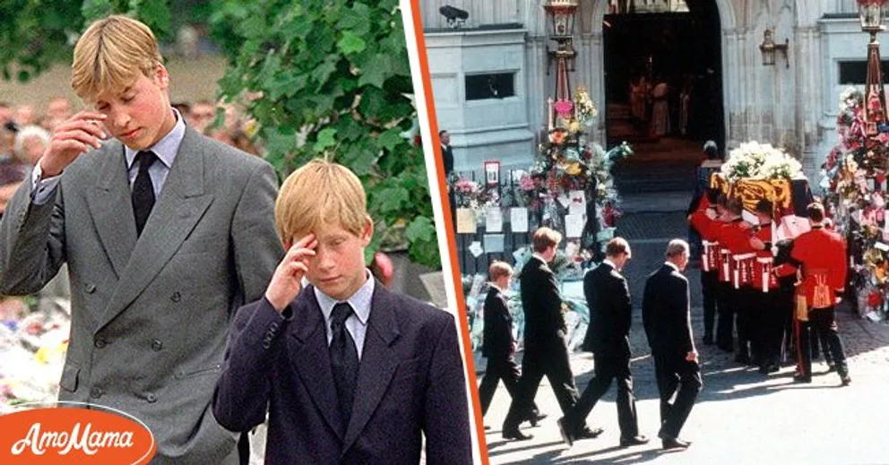 À gauche : les jeunes princes William et Harry la veille des funérailles de leur mère. À droite : William et Harry suivent le cercueil de leur mère le jour de son enterrement : William et Harry suivent le cercueil de leur mère le jour de son enterrement, le 6 septembre 1997 | Source : Getty Images
