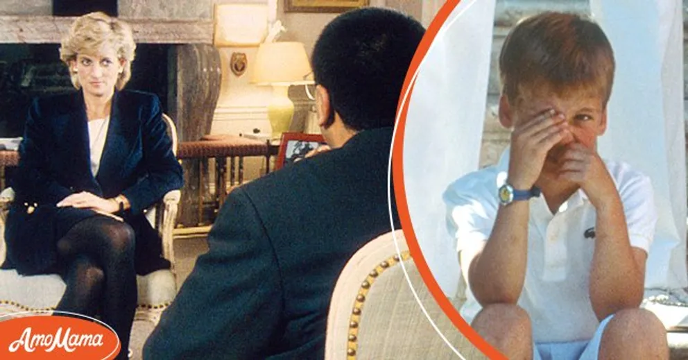 (G) Le journaliste britannique Martin Bashir interviewant la princesse Diana au palais de Kensington en 1995. (R) Le prince William en vacances avec ses parents et son jeune frère le 13 août 1988 à Majorque, en Espagne. | Source : Getty Images