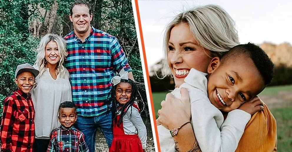 Jessica Scatterfield et son mari avec leurs trois enfants adoptés sur une photo [à gauche] ; Jessica Scatterfield portant son fils adoptif sur son épaule avec un grand sourire sur leurs visages [à droite] | Source : instagram.com/gracewhilewewait