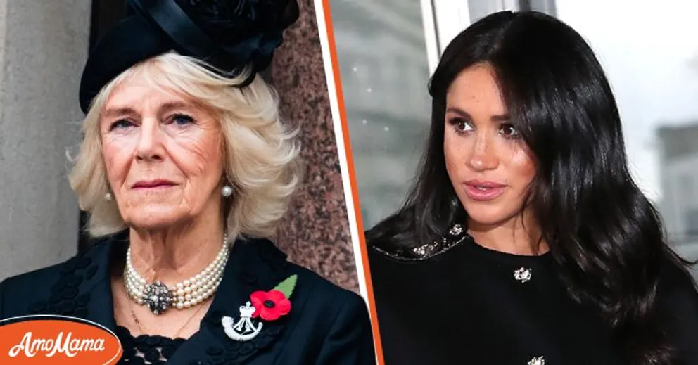 La duchesse Camilla au National Service of Remembrance le 8 novembre 2020, à Londres, en Angleterre, et la duchesse Meghan à la New Zealand House le 19 mars 2019, à Londres, en Angleterre. | Source : Pool/Samir Hussein/WireImage & Neil Mockford/GC Images/Getty Images