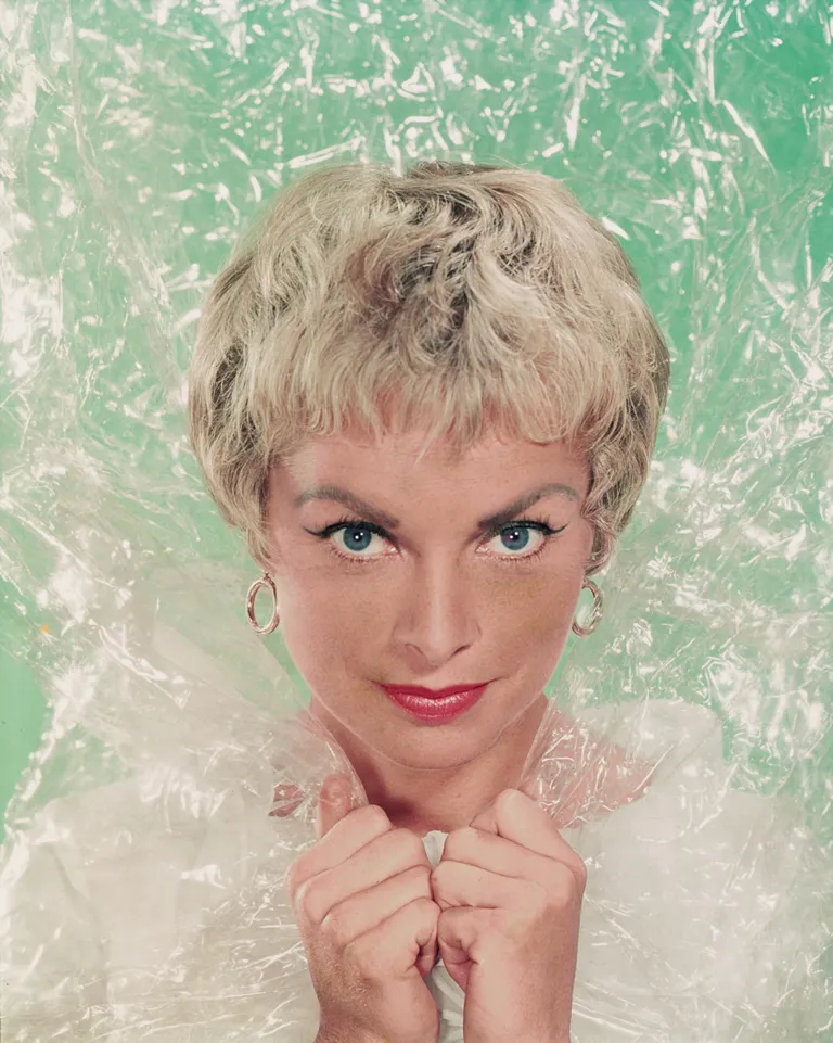 Janet Leigh pose la tête à travers une matière plastique transparente en 1960. | Photo : Getty Images