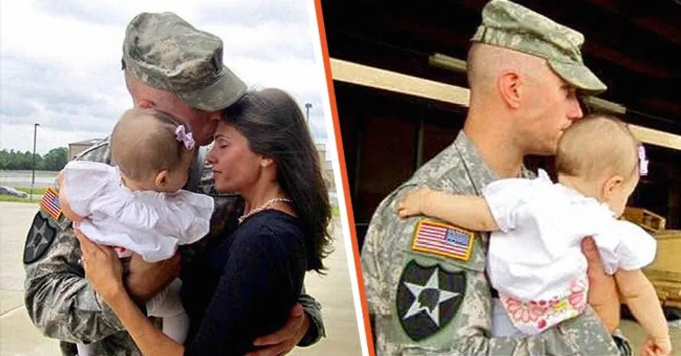 Le lieutenant Todd Weaver embrassant sa femme, Emma Louise Elizabeth Wright, et sa fille, Kylie [à gauche] ; le lieutenant Todd Weaver embrassant sa fille, Kylie, sur le front [à droite]. │Source : facebook.com/emmalouliz