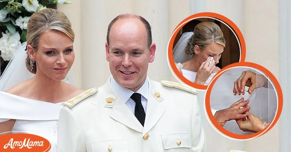 [À gauche] La princesse Charlene et son mari, le prince Allbert II ; [Au milieu] La princesse Charlene en larmes le jour de son mariage ; [À droite] Une photo du couple échangeant les alliances | Source : Getty Images